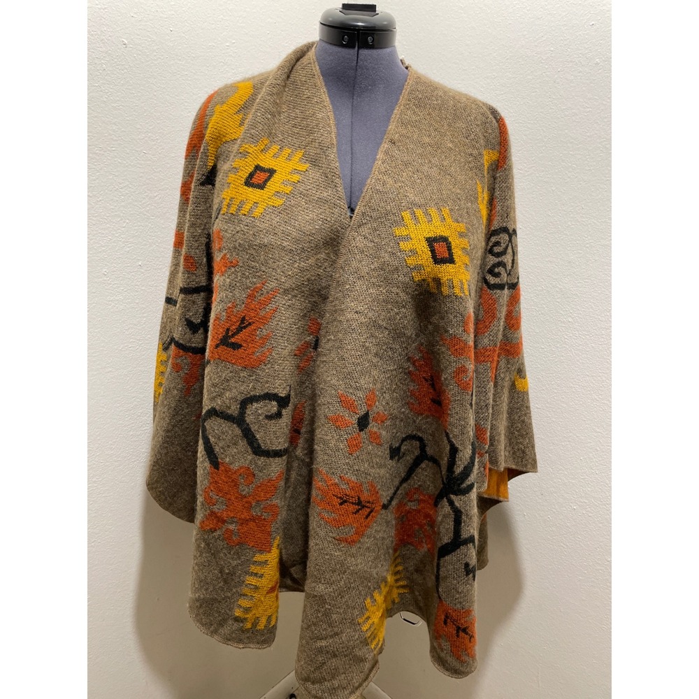 Parsley & Sage Reversible Ruana Poncho Shawl Geometric Floral Acrylic France